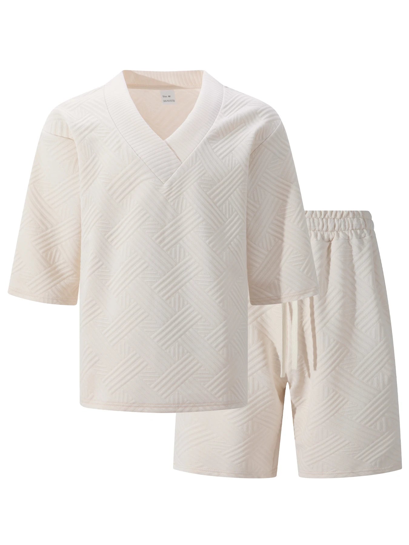 2026 Men's Summer Geometric Textured 2 Piece Set V-Neck Short Sleeve T-Shirt & Drawstring Shorts Shirt Set