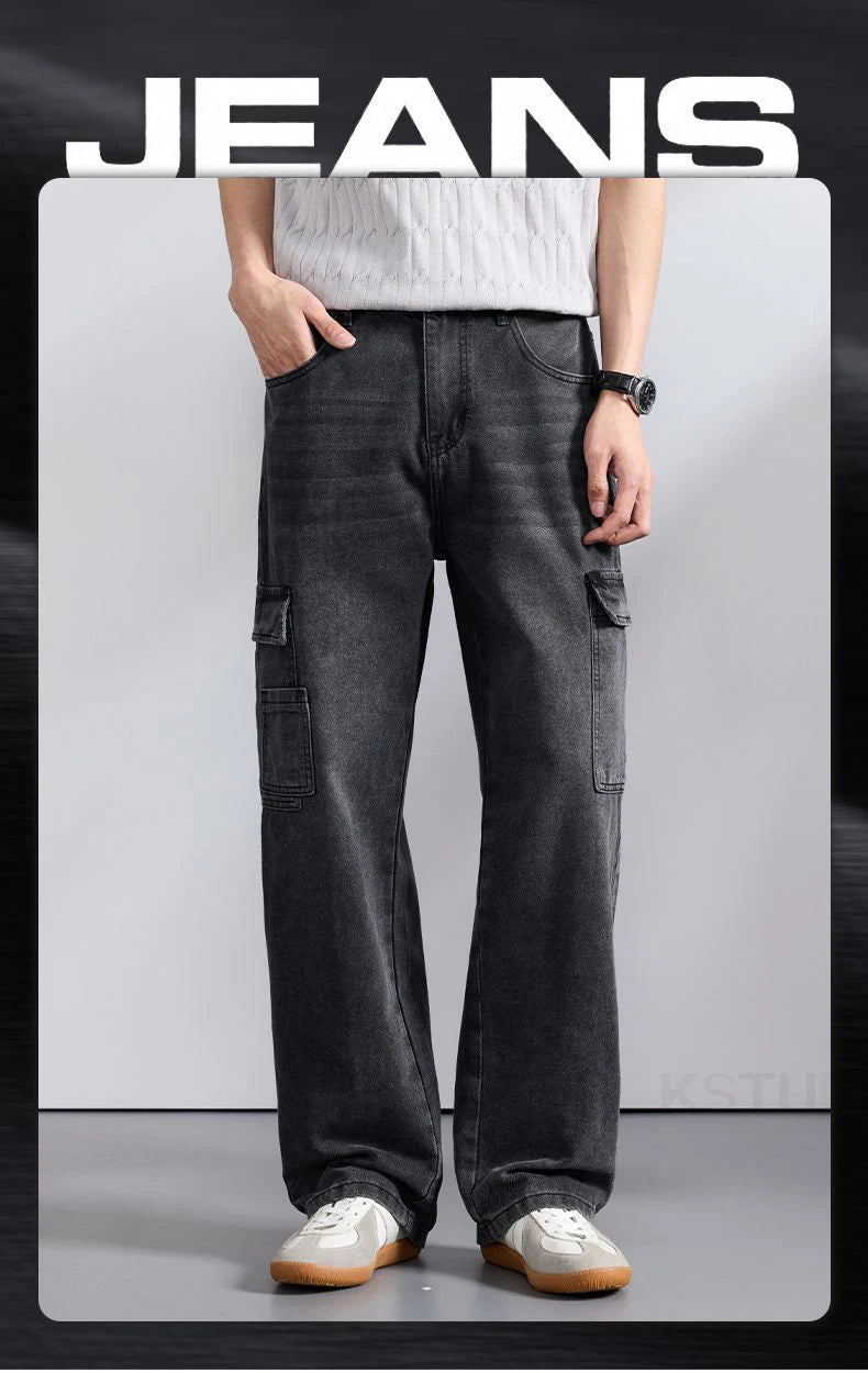 KSTUN 2026 Spring Men's Loose Straight Jeans Wide Leg Vintage Grey Cargo Pants Male Streetwear Trousers Multi-pockets Designer
