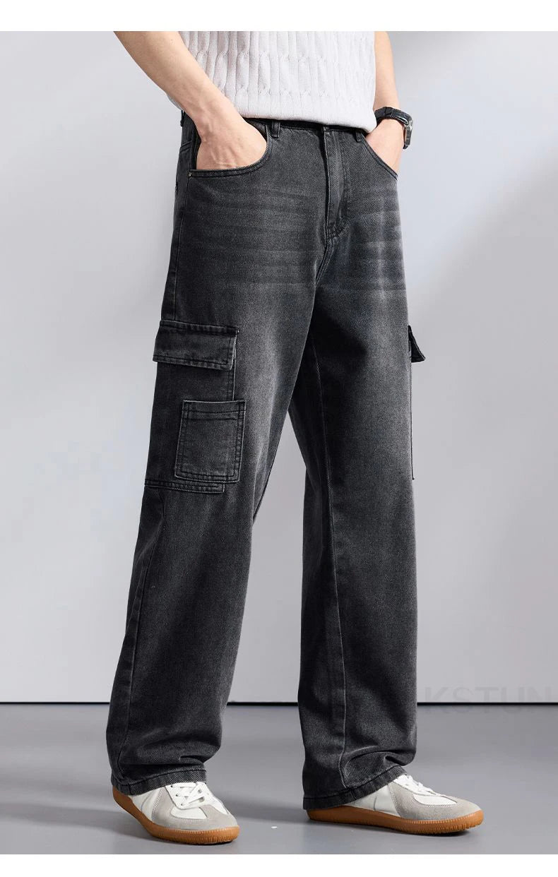 KSTUN 2026 Spring Men's Loose Straight Jeans Wide Leg Vintage Grey Cargo Pants Male Streetwear Trousers Multi-pockets Designer