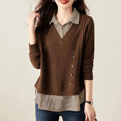 Fake Two Piece Top Knit Sweater Women's Splice Shirt Collar 2024 Spring Autumn New Korean Loose Long Sleeve Sweater Brown Shirt