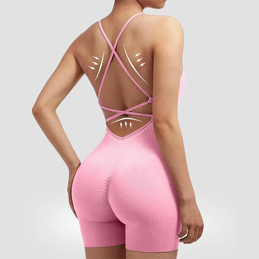 Sexy Fitness Jumpsuit Women Cross Adjustable Sports Playsuit Running One Piece Yoga Suit Scrunch Shorts Backless Set Romper