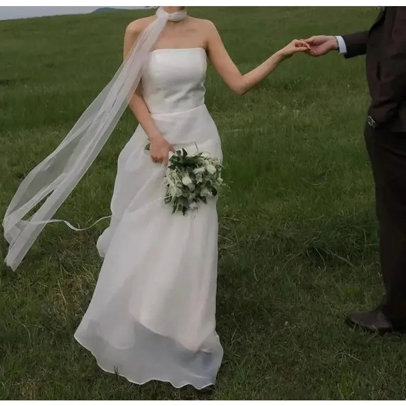 Newest Simple Bridal Dresses Sexy Strapless Backless Formal Evening Dress Elegant Floor-length A-line Wedding Dresses