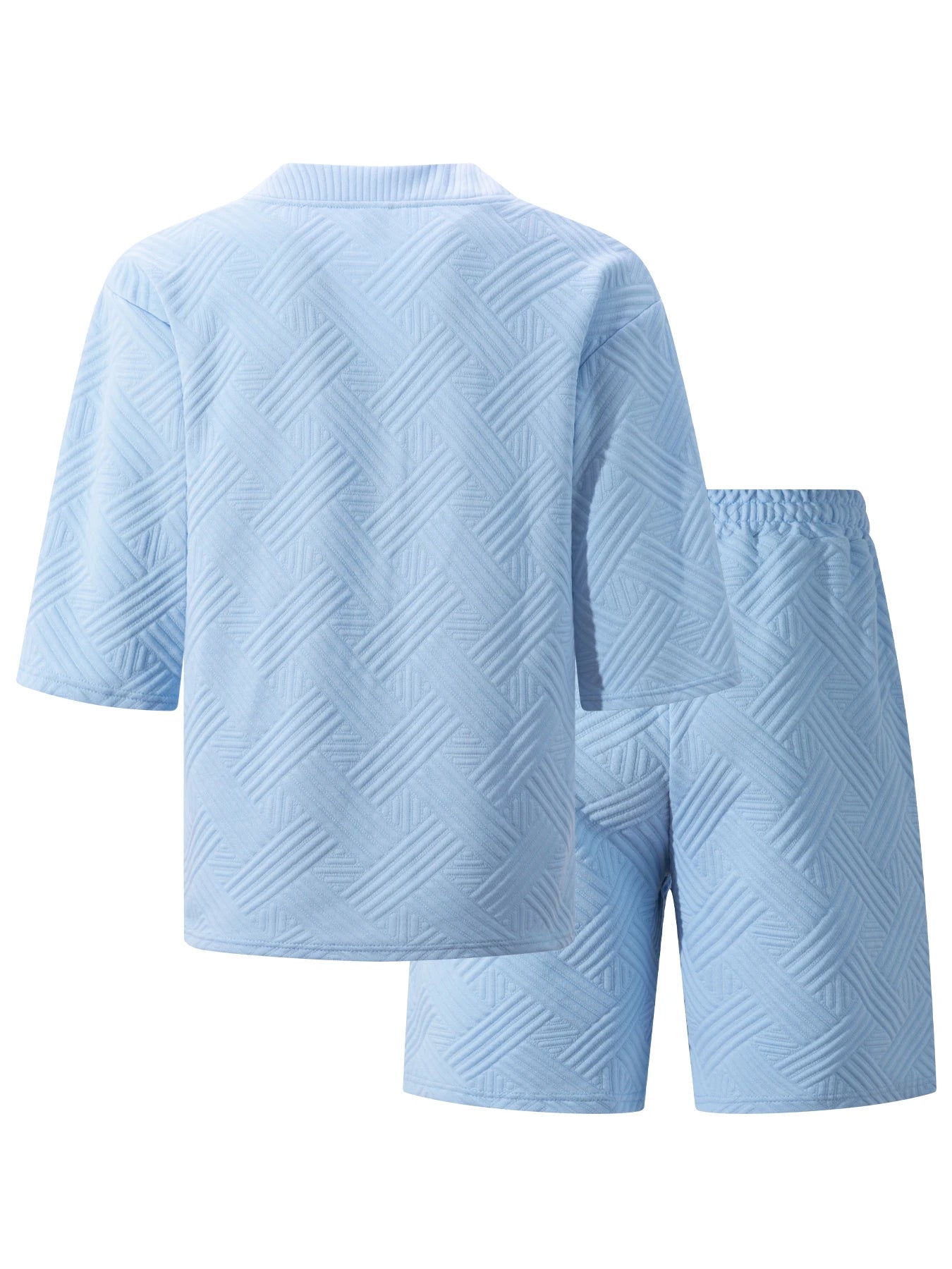 2026 Men's Summer Geometric Textured 2 Piece Set V-Neck Short Sleeve T-Shirt & Drawstring Shorts Shirt Set