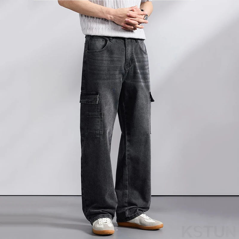KSTUN 2026 Spring Men's Loose Straight Jeans Wide Leg Vintage Grey Cargo Pants Male Streetwear Trousers Multi-pockets Designer