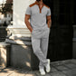 Men's Waffle Knit Stand Collar T Shirt and Pants Set Color Block Casual Streetwear Summer Tracksuit