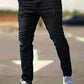 Men's American Retro Hole-Punched Stretch Slim Fit Jeans Zipper Casual Streetwear Denim Pants Classic Black Blue Skinny Trousers