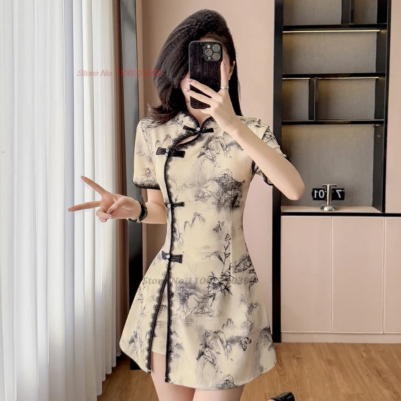 2026 chinese sexy nightclub dress improved cheongsam flower print qipao dress+shorts set hotel spa work dress beauty uniform
