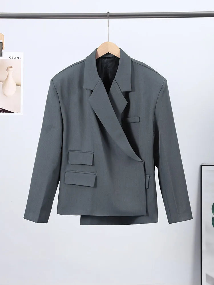 Bomber Jacket Women's Coat Oversized Blazer Lapel Diagonal Placket Asymmetrical Suit Flap Pockets Spring Woman Clothes Loose Top