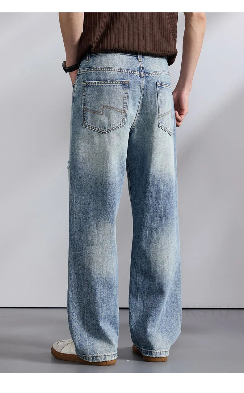 KSTUN 2026 Summer Wide Leg Jeans Men Baggy Pants Loose Fit Ripped Jeans Distressed Washed Vintage Frayed Light Blue Man Trousers