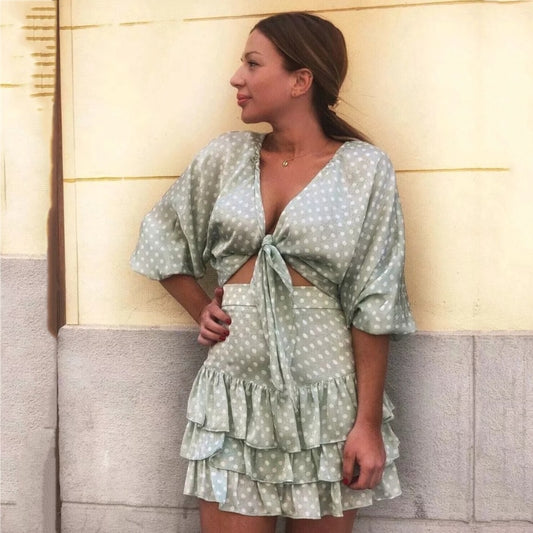 Vintage Green Polka Dot Blouse And Skirt