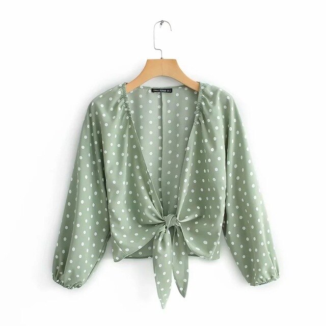 Vintage Green Polka Dot Blouse And Skirt