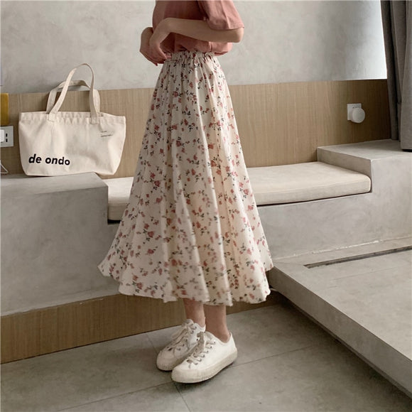Floral Print A-line Pleated Long Skirt