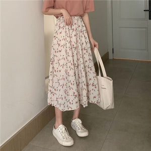 Floral Print A-line Pleated Long Skirt