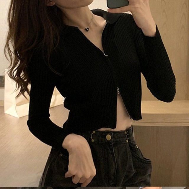 Fashion Ribbed Zip-up Cardigan