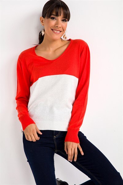 V-Neck Double-Color Long Sweater